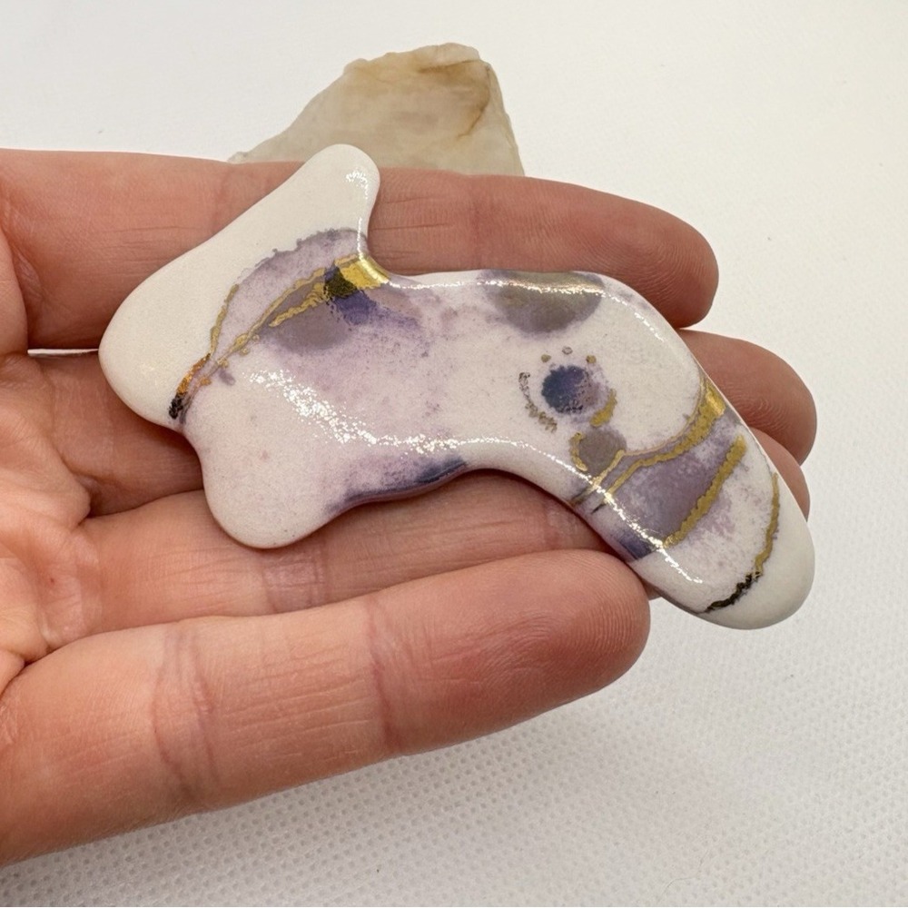 Handmade Ceramic Brooch Pin Purple Gold Glaze Abstract Modernist Artisan 80s 90s